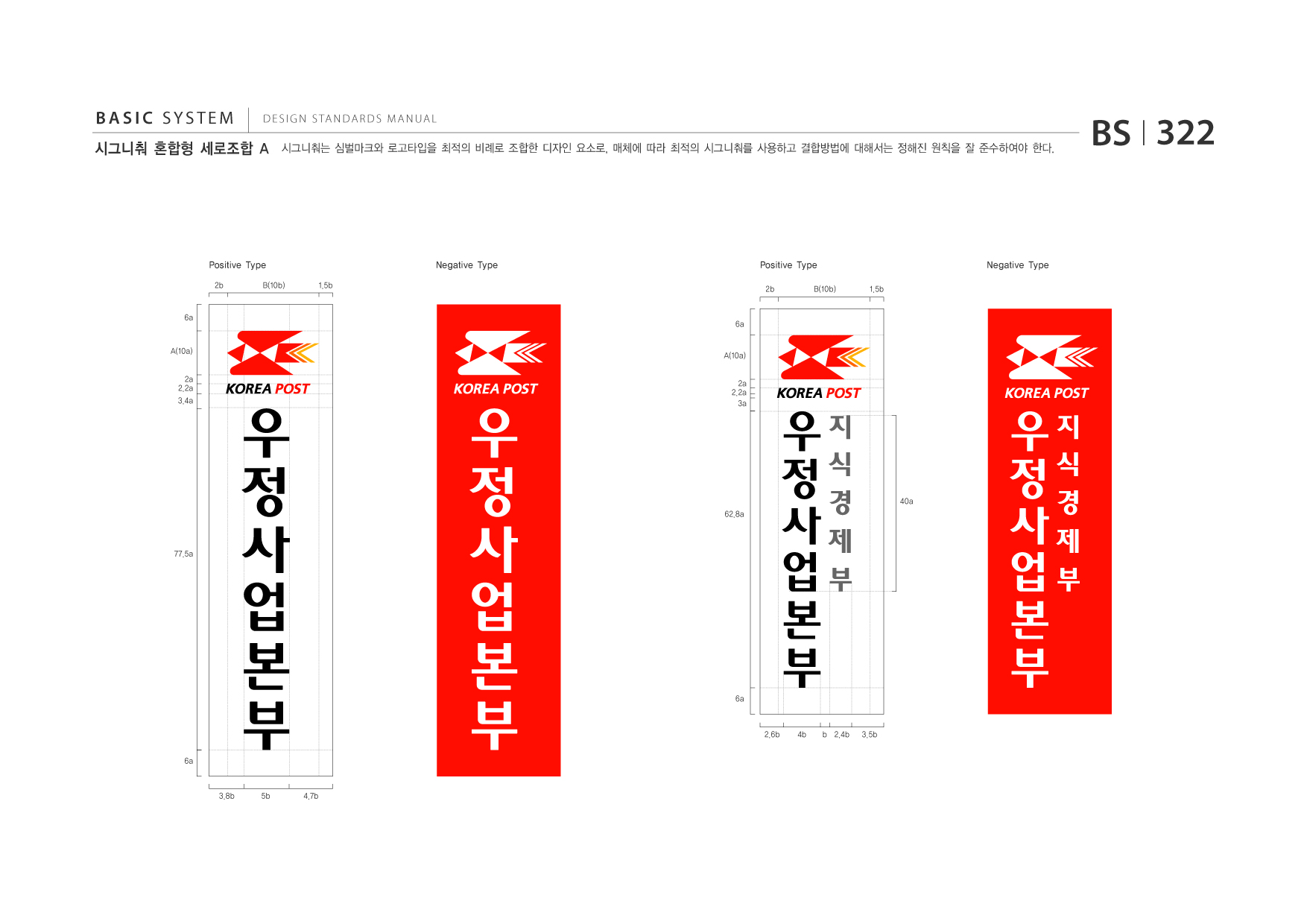 BASIC SYSTEM  DESIGN STANDARDS MANUAL  시그니춰 혼합형 세로조합 A  시그니춰는 심벌마크와 로고타입을 최적의 비례로 조합한 디자인 요소로, 매체에 따라 최적의 시그니춰를 사용하고 결합방법에 대해서는 정해진 원칙을 잘 준수하여야 한다.  BS I 322  Positive Type 2b B(10b) 1.5b  Negative Type  Positive Type 2b B(10b) 1.5b  Negative Type  6a  6a  A(10a) 2a 2.2a 3.4a  A(10a) 2a 2.2a 3a  40a 62.8a  77.5a  6a  2.6b 6a  4b  b 2.4b  3.5b  3.8b  5b  4.7b